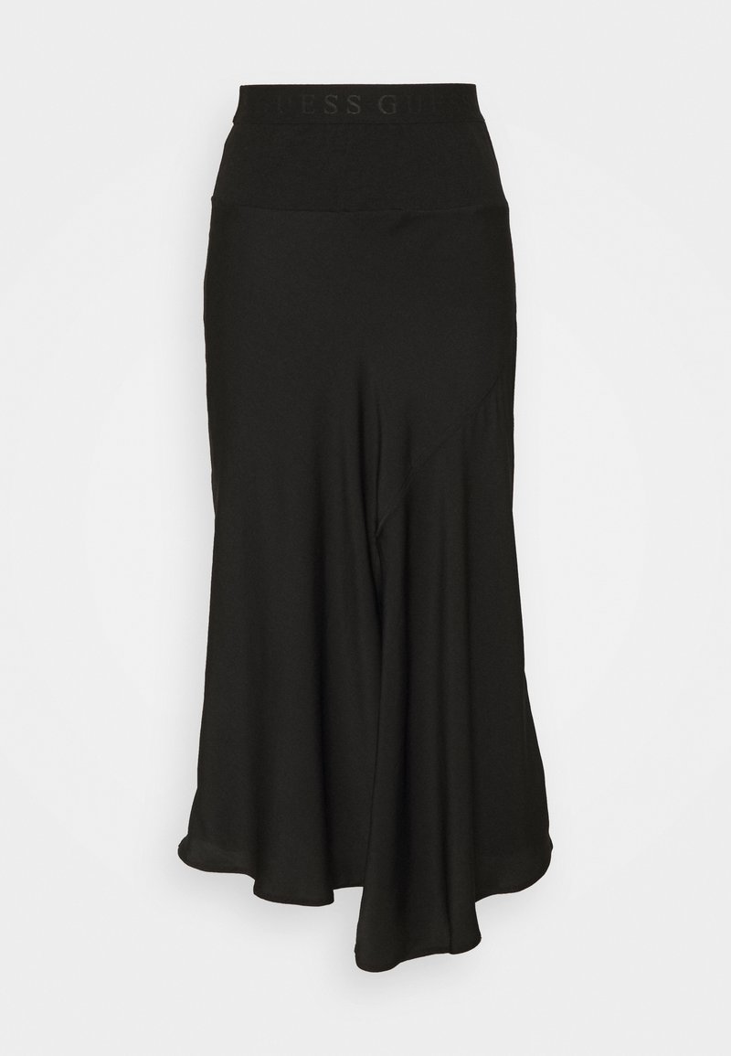 Jupe midi noire avec taille haute et ourlet évasé asymétrique, présentée sur un fond blanc uni.