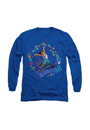Blue long-sleeve shirt with a dancing girl wearing a floral dress, surrounded by colorful flowers and butterflies, with text "Uniquely Me!"