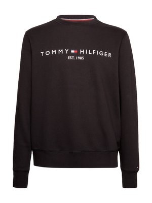Felpa nera in cotone, con collo a giro e logo ricamato "TOMMY HILFIGER EST. 1985" sul retro, e accenti rossi a contrasto.