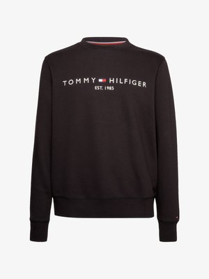 Sudadera negra de algodón, con cuello redondo, logotipo bordado "TOMMY HILFIGER EST. 1985" en la parte posterior y acentos rojos en contraste.