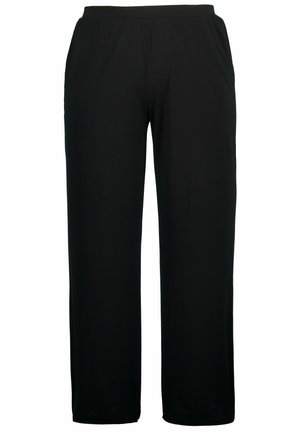 Czarne, luźne spodnie wykonane z miękkiego materiału z elastycznym paskiem w talii. Posiadają proste nogawki oraz brak widocznych logo czy wzorów.