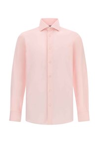 Camicia rosa chiaro a maniche lunghe realizzata in tessuto morbido. Presenta un colletto a punta, bottoni frontali e polsini con bottone. Design semplice, senza motivi.