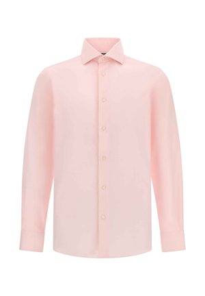 Hemd in Hellrosa mit langen Ärmeln aus glattem Stoff. Verfügt über einen spitzen Kragen, eine Knopfleiste vorne und Knopfmanschetten. Schlichtes Design, ohne Muster.