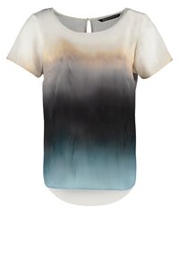 Top de manga corta con diseño de color degradado, que transiciona de crema a negro y luego a azul verdoso. Tejido suave con un dobladillo redondeado y cierre en la parte posterior con ojo de cerradura.