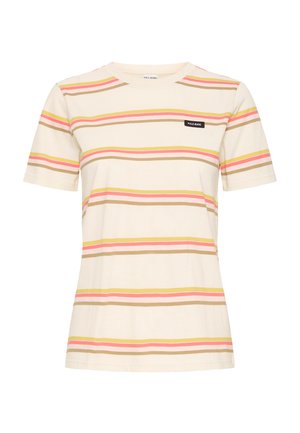 Tricou crem cu mâneci scurte cu dungi orizontale roz, galbene și bej, având un mic logo "PULZ JEANS" pe piept.