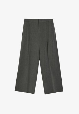 Szare spodnie o szerokich nogawkach z wysokim stanem i detalami szwów z przodu, wykonane z teksturowanego materiału.