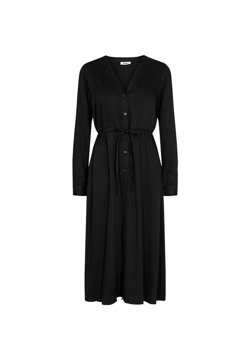 Robe noire à manches longues avec un décolleté en V, fermeture à boutons sur le devant, ceinture ajustable à la taille et silhouette évasée. Tissu doux au toucher.