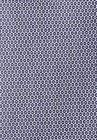 Marineblauw en wit stoffenpatroon met kleine, cirkelvormige motieven in een rasterindeling, met een gladde textuur en een gelijkmatige weving.