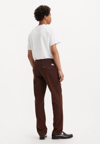 Pantaloni din bumbac maro cu o croială relaxată. Prezintă o buzunar posterior cu accesorii metalice și o etichetă. Purtați cu un tricou alb cu mânecă scurtă.