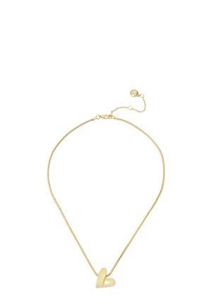Collana color oro con una catena sottile e flessibile e un pendente a forma di cuore in due parti al centro. Include una chiusura e lunghezza regolabile.
