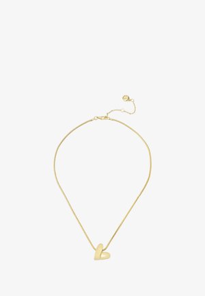 Gouden ketting met een slanke, flexibele schakel en een twee-partijen hart hanger in het midden. Inclusief een sluiting en verstelbare lengte.