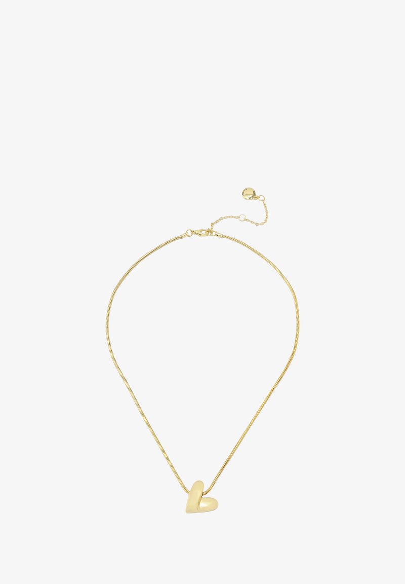 Gold-colored necklace featuring a slim, flexible chain with a two-part heart pendant at the center. Includes a clasp and adjustable length.