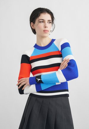 Persona con capelli corti e scuri che indossa un maglione a coste con strisce blu, bianche, rosse e nere e una gonna scura plissettata, con le braccia incrociate.