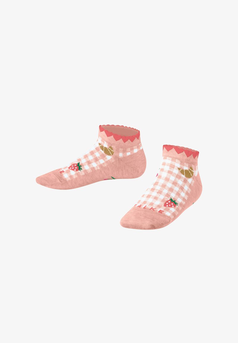 Rosa Knöchelsocken mit kariertem Muster, gewelltem oberen Rand und Erdbeer-Grafiken an den Seiten, aus weichem, dehnbaren Material gefertigt.