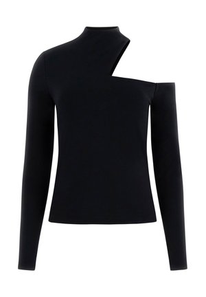 Black long-sleeve top made of jersey fabric featuring an asymmetric neckline and one shoulder cut-out detail. Smooth texture.
