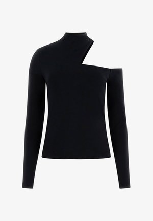 Zwarte top met lange mouwen van jersey stof met een asymmetrische halslijn en één uitgesneden detail bij de schouder. Soepele textuur.