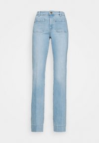 Helle blaue gerade geschnittene Jeans aus Denim, mit einem Knopfverschluss vorne, fünf Taschen und einem klaren, schlichten Design.