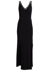 Abito maxi nero in maglia con profondo scollo a V e dettagli con cinturino tagliato, caratterizzato da spacchi laterali sull'orlo per un movimento aggiuntivo.
