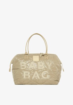 Borsa per neonati in beige trapuntato con "BABY BAG" impresso in lettere grandi, dotata di due manici robusti e chiusura con zip. Texture liscia e lucida.