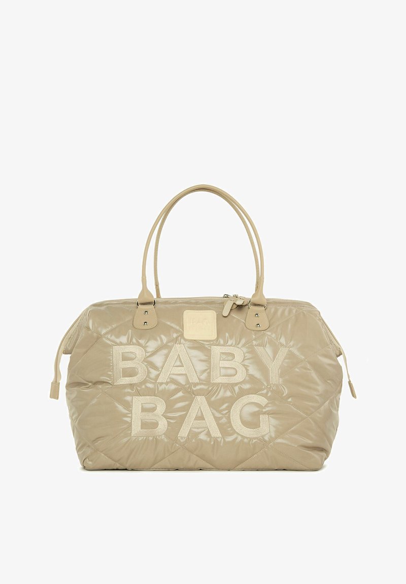 Beige Steppbabytasche mit "BABYBAG" in großen Buchstaben geprägt, ausgestattet mit zwei stabilen Griffen und einem Reißverschluss. Glatte, glänzende Textur.