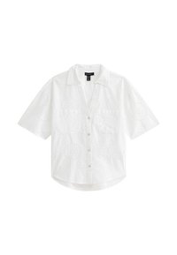 White short-sleeve shirt with floral embroidery patterns, button-down front, and a curved hem. Made of lightweight fabric with a relaxed fit.