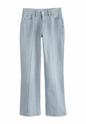 Jean droit bleu clair avec poches avant, passants pour ceinture et une fermeture par bouton.