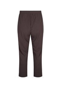 Brown, stretchy capri pants with an elastic waistband. Smooth texture, no visible hardware or patterns, designed for comfort and ease of wear.