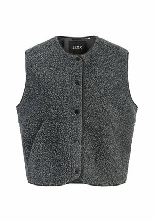 Grau Fleece-Weste mit strukturierter Oberfläche, rundem Ausschnitt, vorderem Druckknopfverschluss und Seitentaschen. Mit schwarzem Besatz entlang der Kanten.