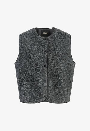 Harmaa fleece-vesti, jossa on tekstuuri pinta, pyöristetty kaula-aukko, etu-napilla suljettavat ja sivutaskut. Reunoilla musta trimmi.