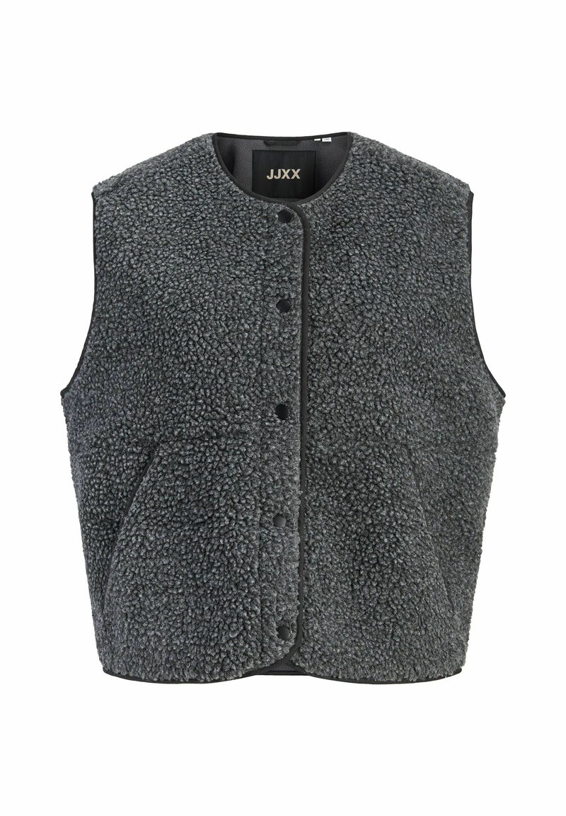 Sivý fleecový vest s textúrovaným povrchom, zaobleným výstrihom, prednými patentnými uzávermi a bočnými vreckami. Obsahuje čierny lem pozdĺž okrajov.