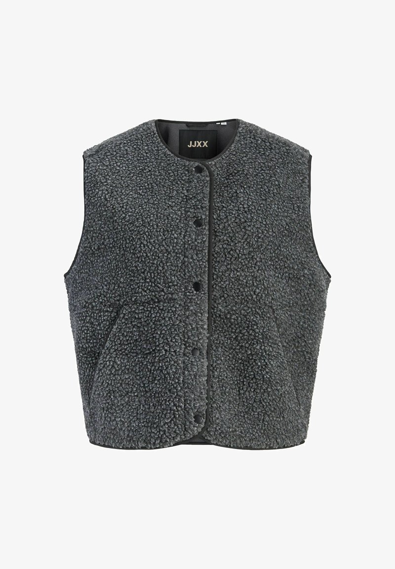 Sivý fleecový vest s textúrovaným povrchom, zaobleným výstrihom, prednými patentnými uzávermi a bočnými vreckami. Obsahuje čierny lem pozdĺž okrajov.