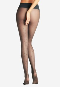 Durchsichtige schwarze Strumpfhosen mit einem Punktemuster, einer glatten Textur und einem hohen Bund für eine bequeme Passform.