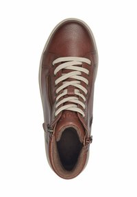 Brown leather high-top sneaker with a textured finish, cream laces, side zipper, and a cushioned interior.