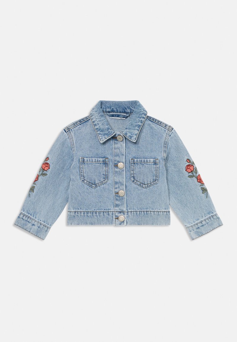 Cropped light blue denim jacket with two front pockets, silver buttons, and embroidered rose details on the sleeves.