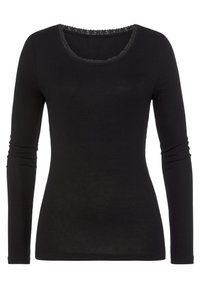 Schwarzes Langarmoberteil mit einem Rundhalsausschnitt, geripptem Finish und Spitzenbesatz am Ausschnitt. Enganliegendes Design und weicher Stoff.