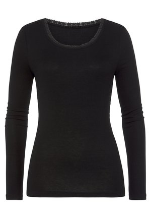 Schwarzes Langarmoberteil mit einem Rundhalsausschnitt, geripptem Finish und Spitzenbesatz am Ausschnitt. Enganliegendes Design und weicher Stoff.