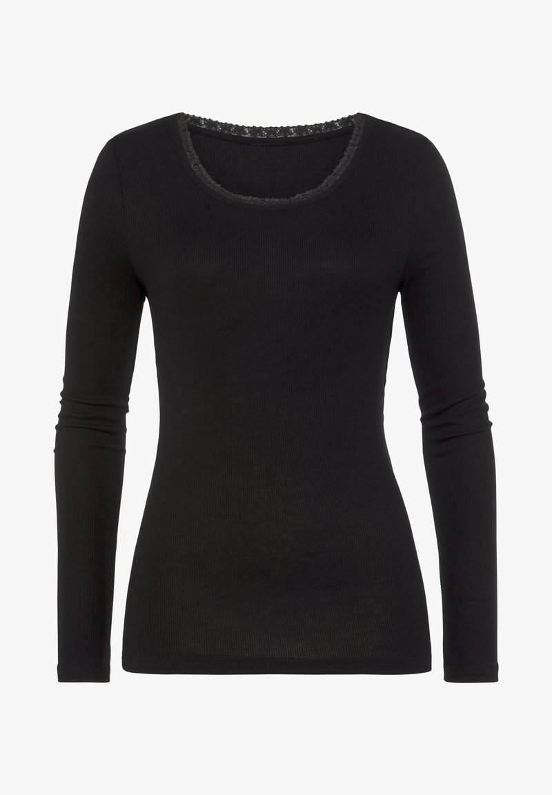 Schwarzes Langarmoberteil mit einem Rundhalsausschnitt, geripptem Finish und Spitzenbesatz am Ausschnitt. Enganliegendes Design und weicher Stoff.