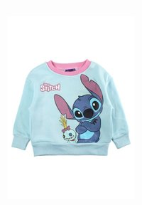 Sweat-shirt bleu clair avec col rose, présentant un graphique de Stitch et un petit personnage. Fabriqué en tissu doux, manches longues, poignets côtelés.