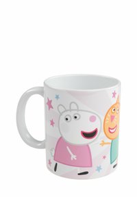 Tazza in ceramica con finitura bianca lucida. Presenta personaggi dei cartoni animati su uno sfondo a fantasia con stelle rosa. Manico ergonomico.