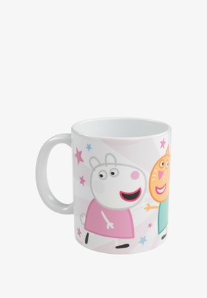 Tazza in ceramica con finitura bianca lucida. Presenta personaggi dei cartoni animati su uno sfondo a fantasia con stelle rosa. Manico ergonomico.