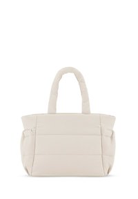 Beige kantokassi, jossa on kaksi kahvaa, pehmeä materiaali, suorakulmainen muoto ja näkyvät ompeluseikat sivuilla.