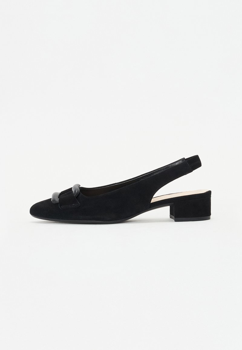 Black suede slingback shoe with a rounded toe, small block heel, and a decorative bow on the front. Textured surface, minimalist design.