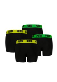 Black boxer shorts with elastic waistbands, featuring PUMA branding; two shorts have bright yellow bands and two have green bands.