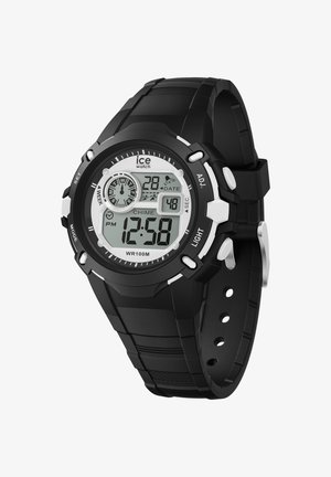 Orologio digitale con cinturino in gomma nera, dotato di un quadrante bianco e nero, due quadranti analogici e comandi a pulsante. Impermeabile fino a 100 metri.