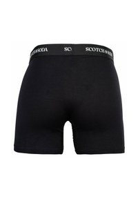 Schwarze Herren-Boxershorts mit elastischem Bund in der Marke "Scotch & Soda", von hinten auf weißem Hintergrund gezeigt.