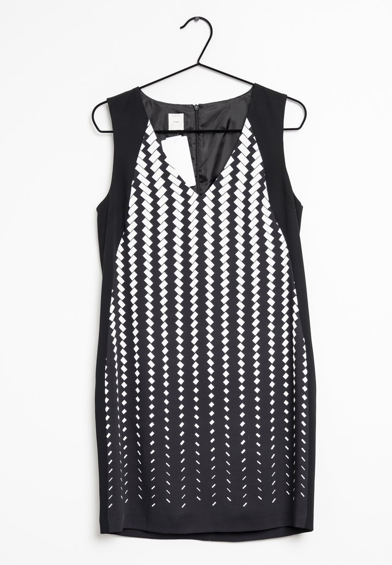 Robe noire sans manches avec un motif géométrique blanc. Décolleté en V et fermeture éclair au dos. Tissu lisse avec une silhouette ajustée.