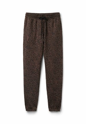 Brown jogger pants with a black leopard print, elastic waistband, drawstring, and tapered cuffs. Made of soft, lightweight fabric.