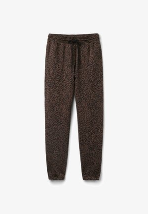 Braune Jogginghosen mit schwarzem Leopardenmuster, elastischem Bund, Kordelzug und schmal zulaufenden Bündchen. Hergestellt aus weichem, leichtem Stoff.