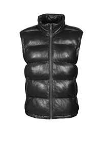 Chaleco de plumas negro con cuello alto, cierre frontal de cremallera y dos bolsillos laterales con cremallera. Presenta una textura acolchada y secciones acolchonadas.