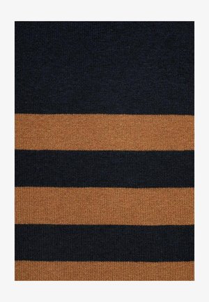 Knitted fabric with alternating horizontal stripes of dark navy and golden-brown colors, displaying a soft texture and uniform pattern.